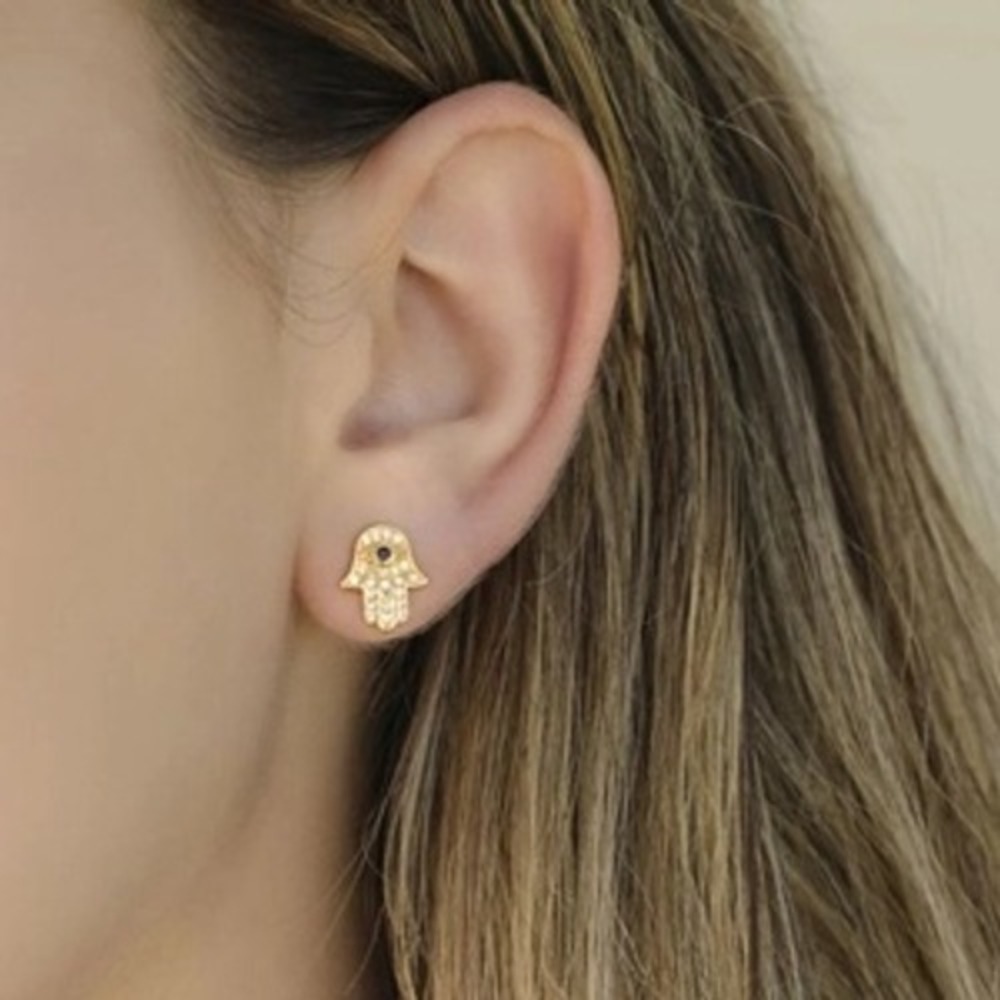 Hamsa‎ Hand Stud Earrings 18K Gold PVD Stainless Steel Evil Eye Crystal Jewelry